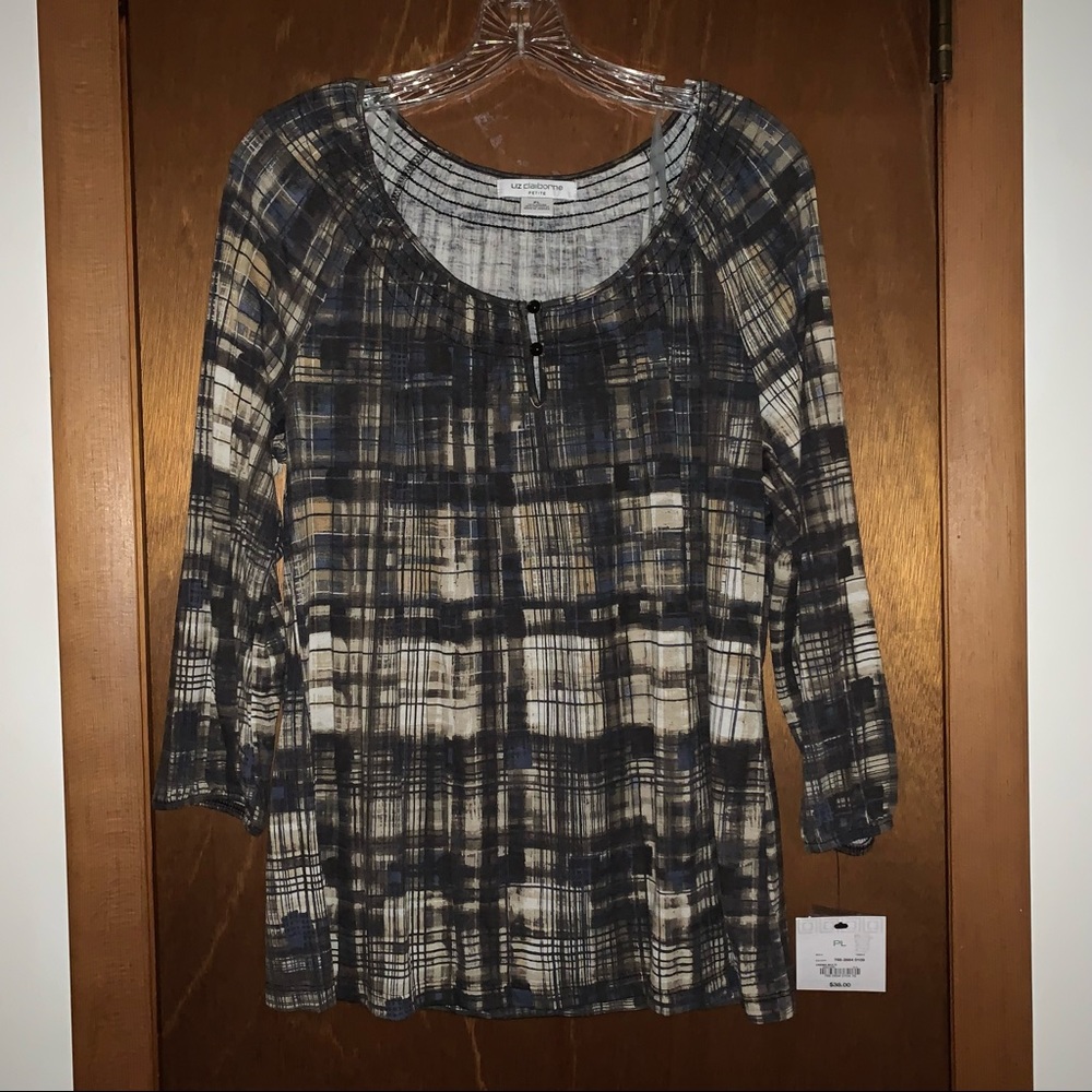 Women’s PL LIZ CLAIBORNE PETITE Brown Cream Plaid Peasant Tunic Top 3/4 Sleeve